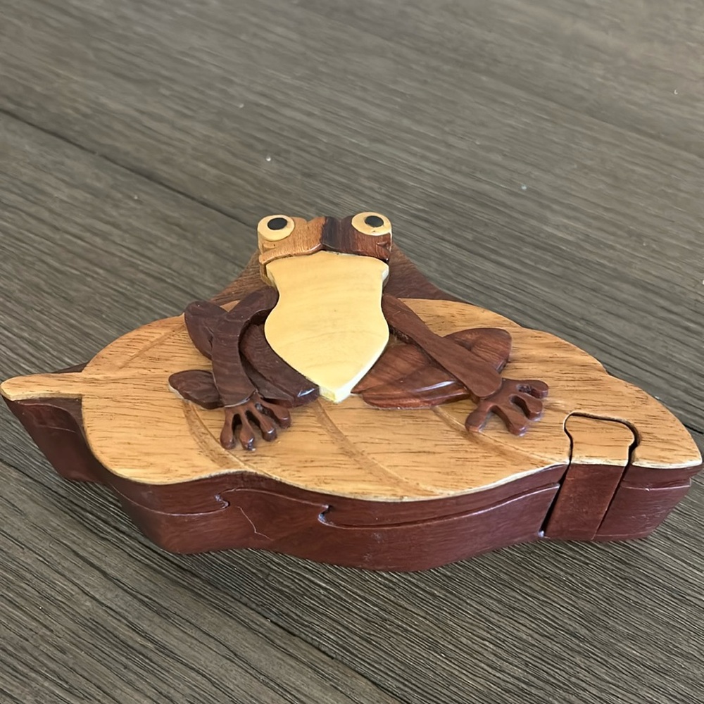 Adorable carved wood frog puzzle box trinket holder